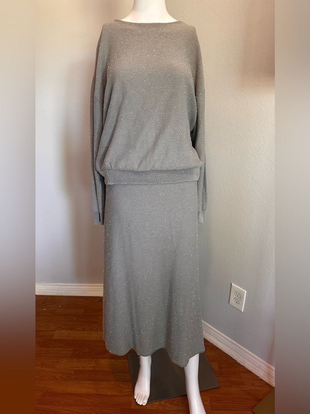 Zara Knit Beaded Long Sleeve Sweater and Midi skirt Set - Gray